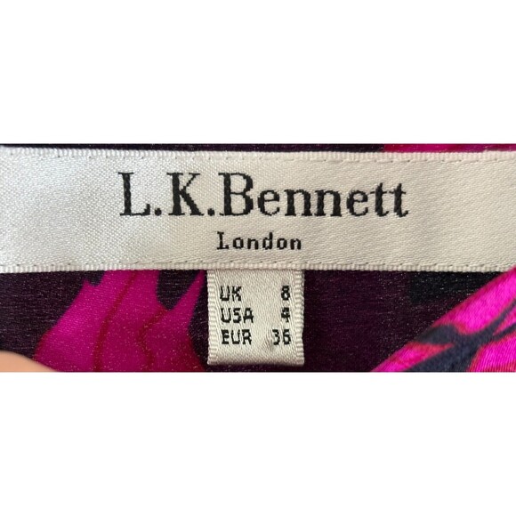 LK Bennett 100% Silk Blouse‎ Frayed Ruffle Front Top Tie Cuff Black Pink Shirt 4 - Picture 7 of 8